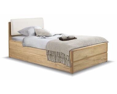 Postel s úložným prostorem a roštem Atlantik, 90x200, masiv dub přírodní/dýha - krémová ekokůže - pohled č. 1