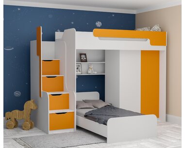 Multifunkční patrová postel Dori se spodní postelí a skříní, lamino bílá/oranžová - pohled č. 1