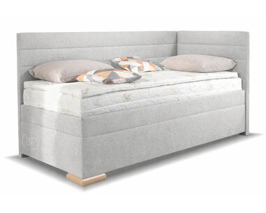 Rohová postel boxspring VENETO 80x200 pravá, s úložným prostorem, světle šedá látka - pohled č. 1