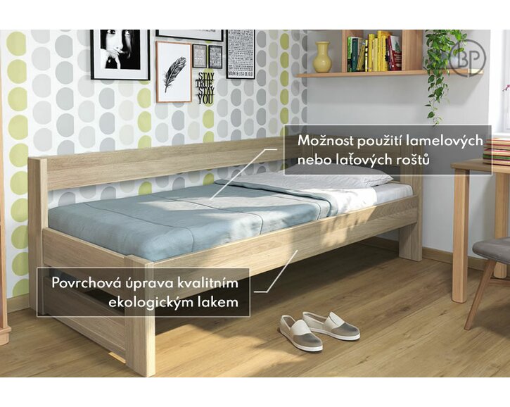 Rohová zvýšená postel jednolůžko ELA PRAVÁ, masiv dub  - pohled č. 4